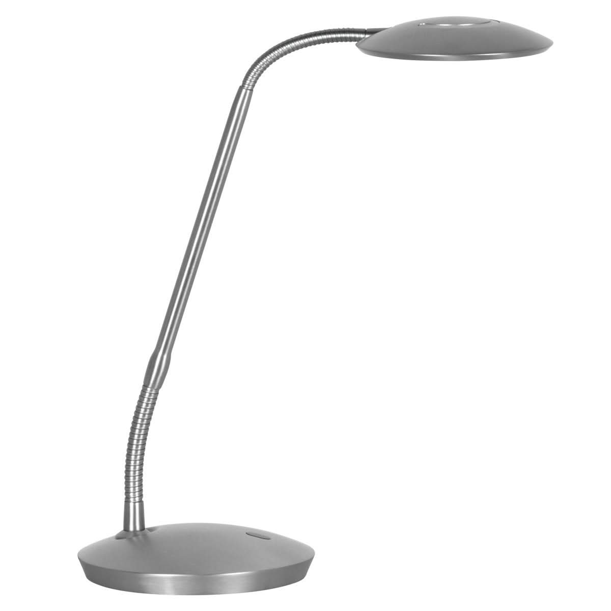 Vue de profil du luminaire argenté, bras articulé et réflecteur gris anthracite