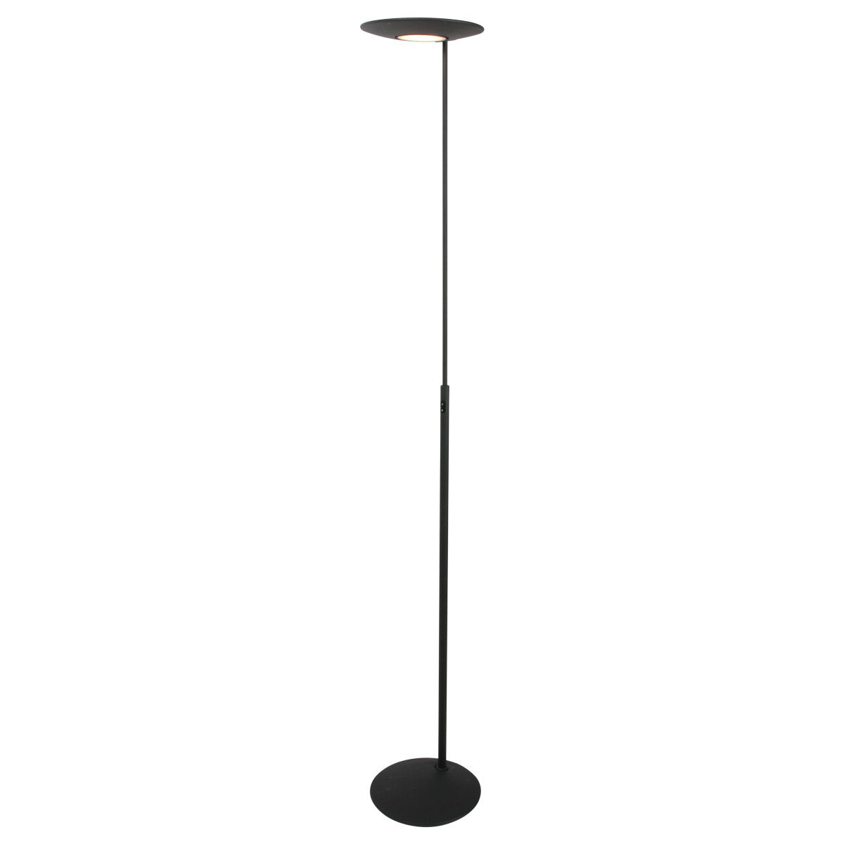 Vue en pied du lampadaire noir, tige fine et base circulaire plate