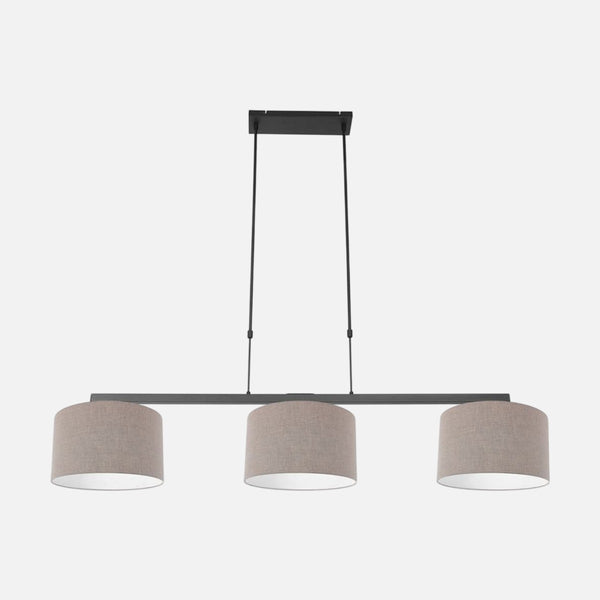 3-light pendant lamp, black bar, grey linen shades | Stang