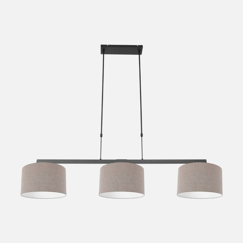 3-light pendant lamp, black bar, grey linen shades | Stang