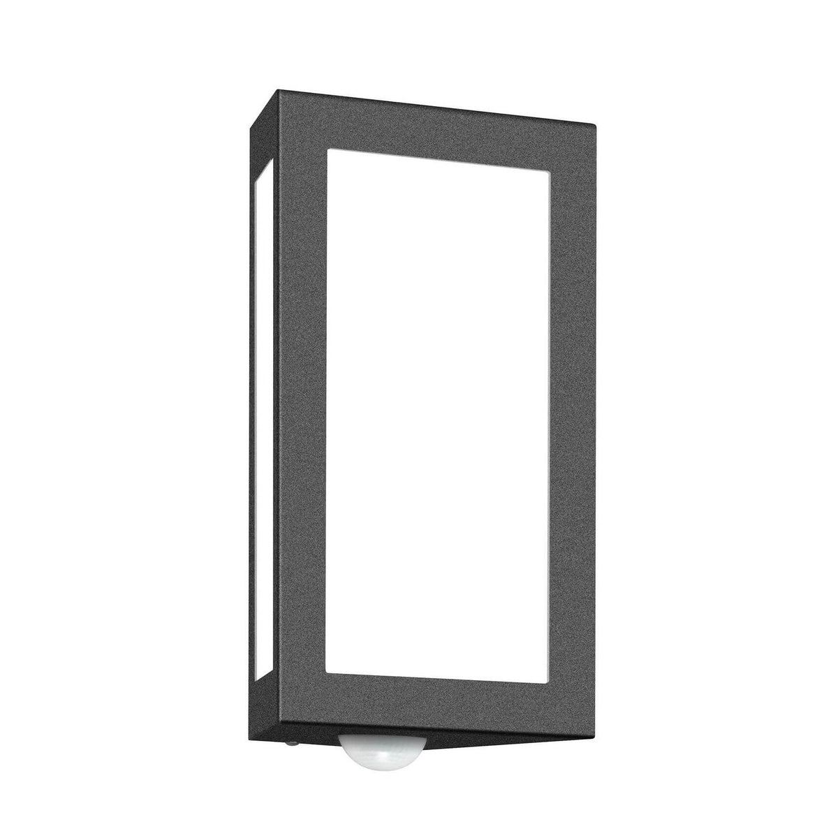 Applique extérieure anthracite rectangulaire, vue de face, diffuseur blanc et détecteur intégré.