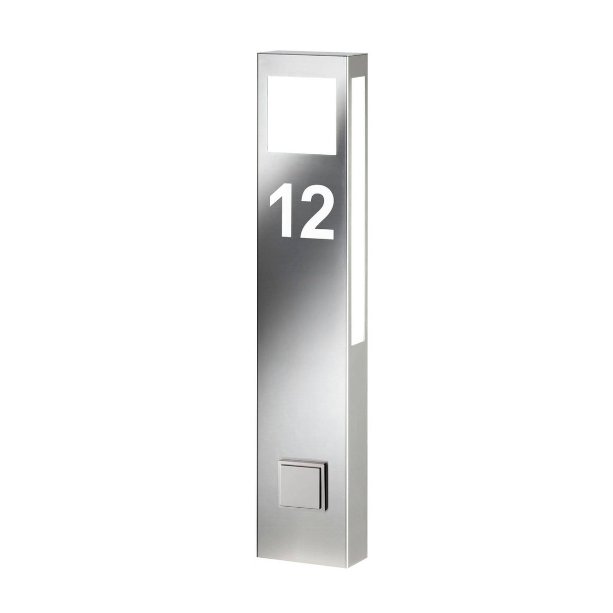 Vue de face du luminaire extérieur inox avec numéro 12 et éclairage.