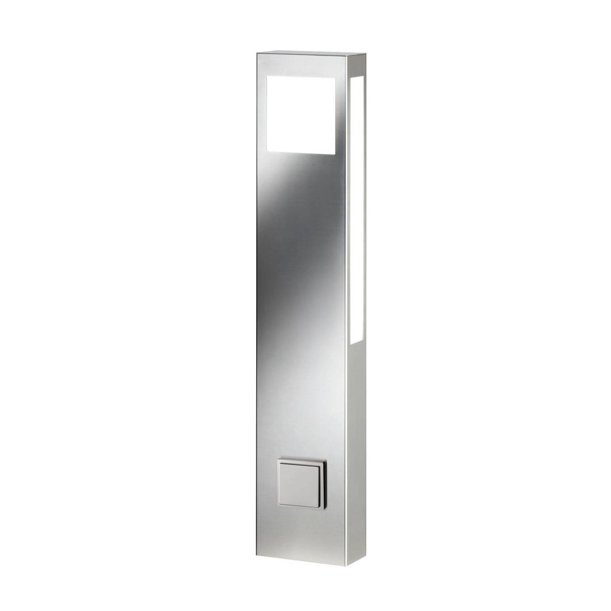 Luminaire extérieur en inox rectangulaire, vue de face, avec fenêtre lumineuse carrée.