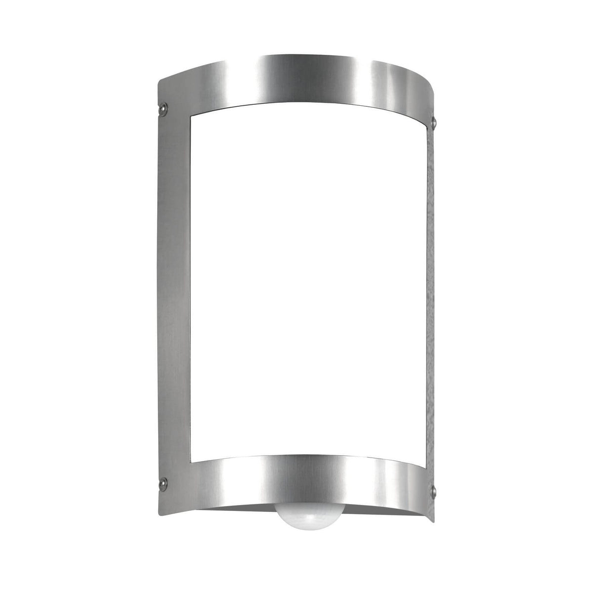 Vue de face de l'applique extérieure en inox avec diffuseur blanc et détecteur en bas.