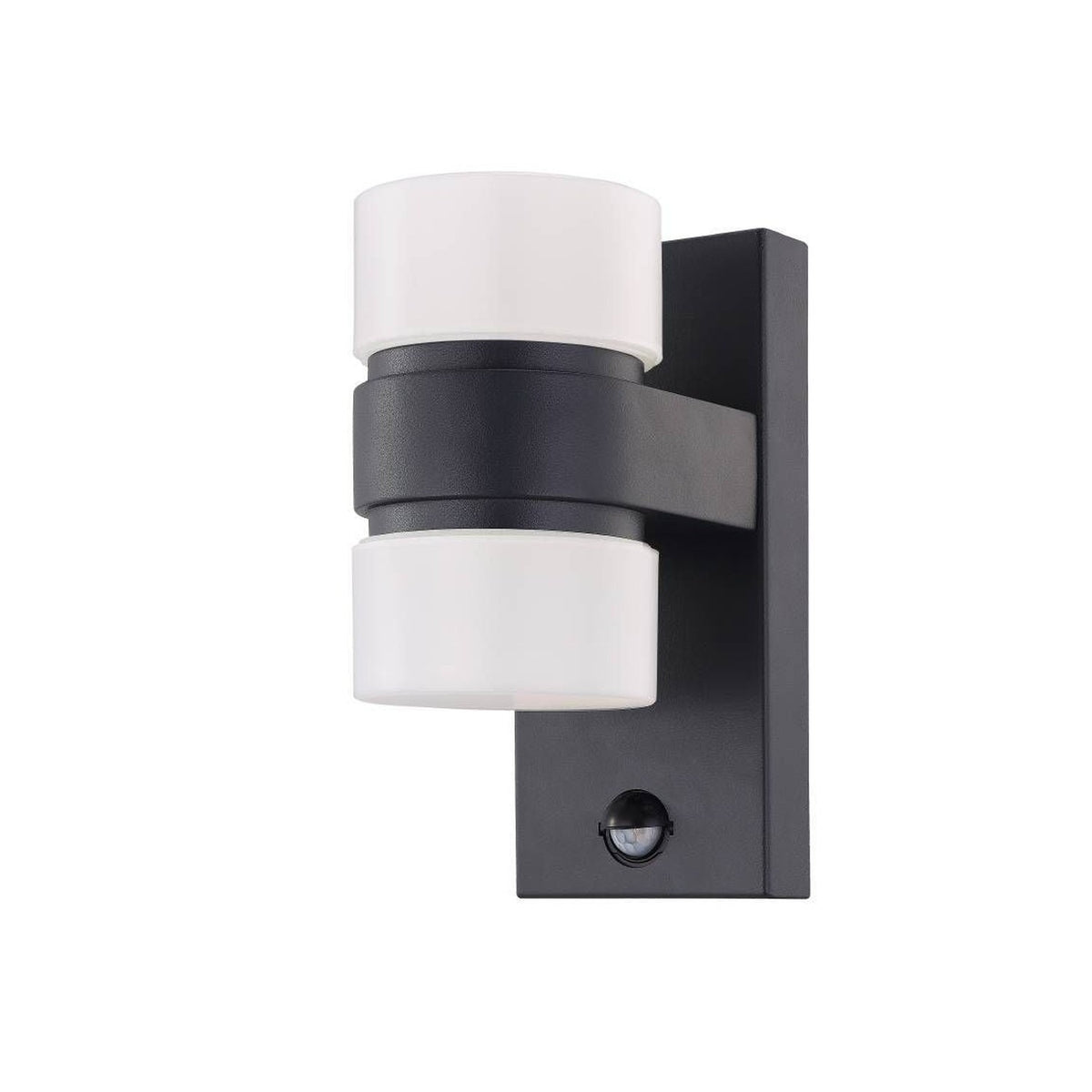 Vue de face sur fond blanc, applique anthracite à deux diffuseurs cylindriques opale