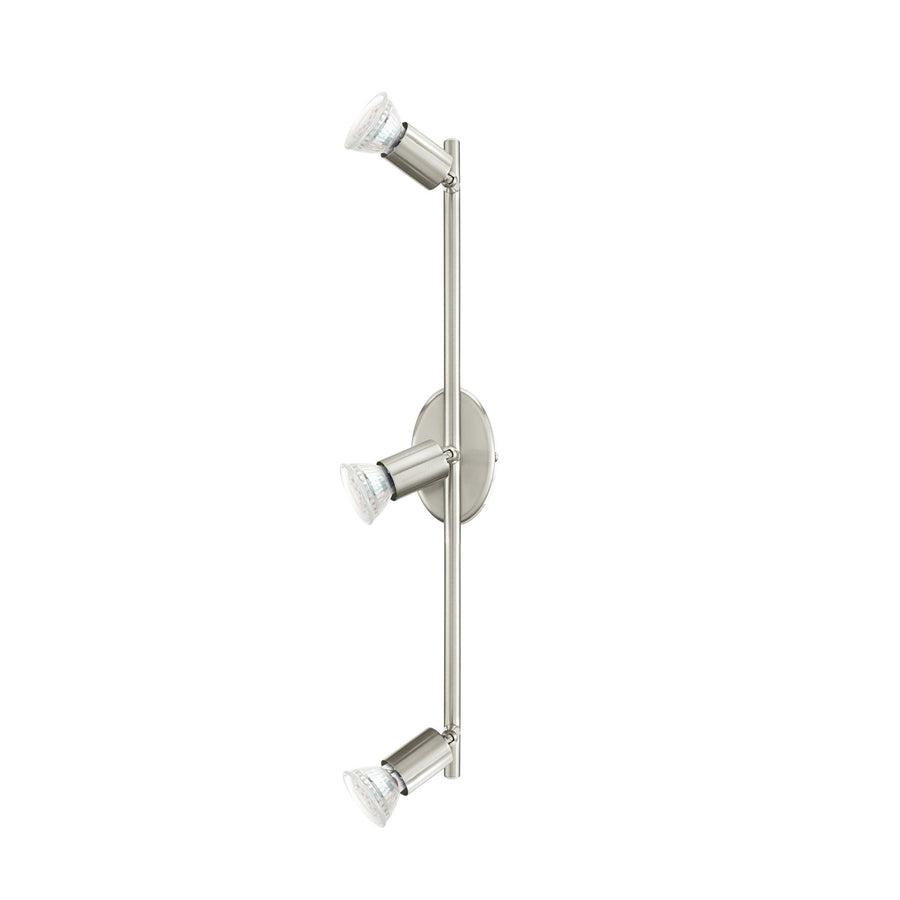 Vue de face du spot vertical avec trois projecteurs orientables nickel satiné