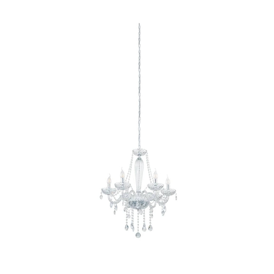 Suspension en verre transparent avec chaîne chromée, cinq bras et pendentifs