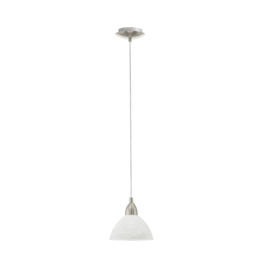 Suspension vue de face, câble fin et coupelle nickel, abat-jour blanc en albâtre