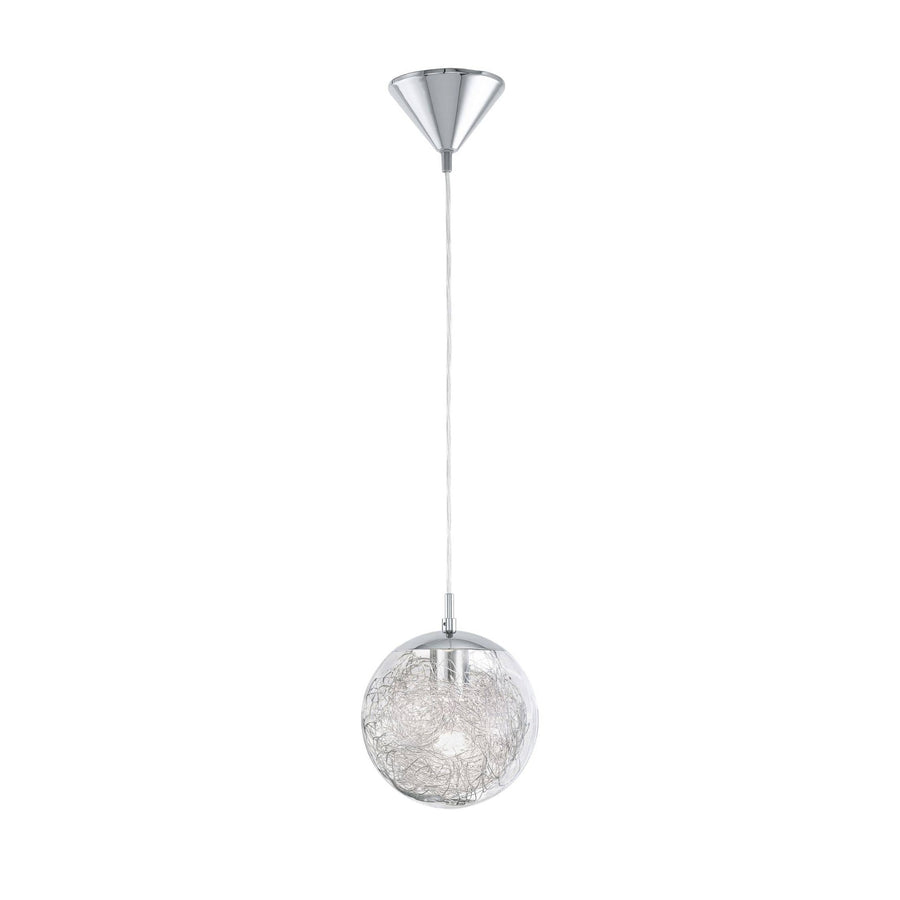 Suspension chromée entière sur fond blanc, sphère transparente et rosace conique