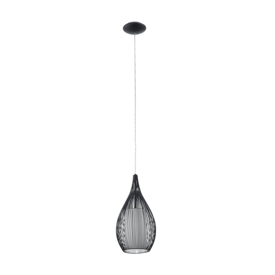 Suspension noire ajourée en fil métallique, câble blanc et embase ronde, fond blanc.