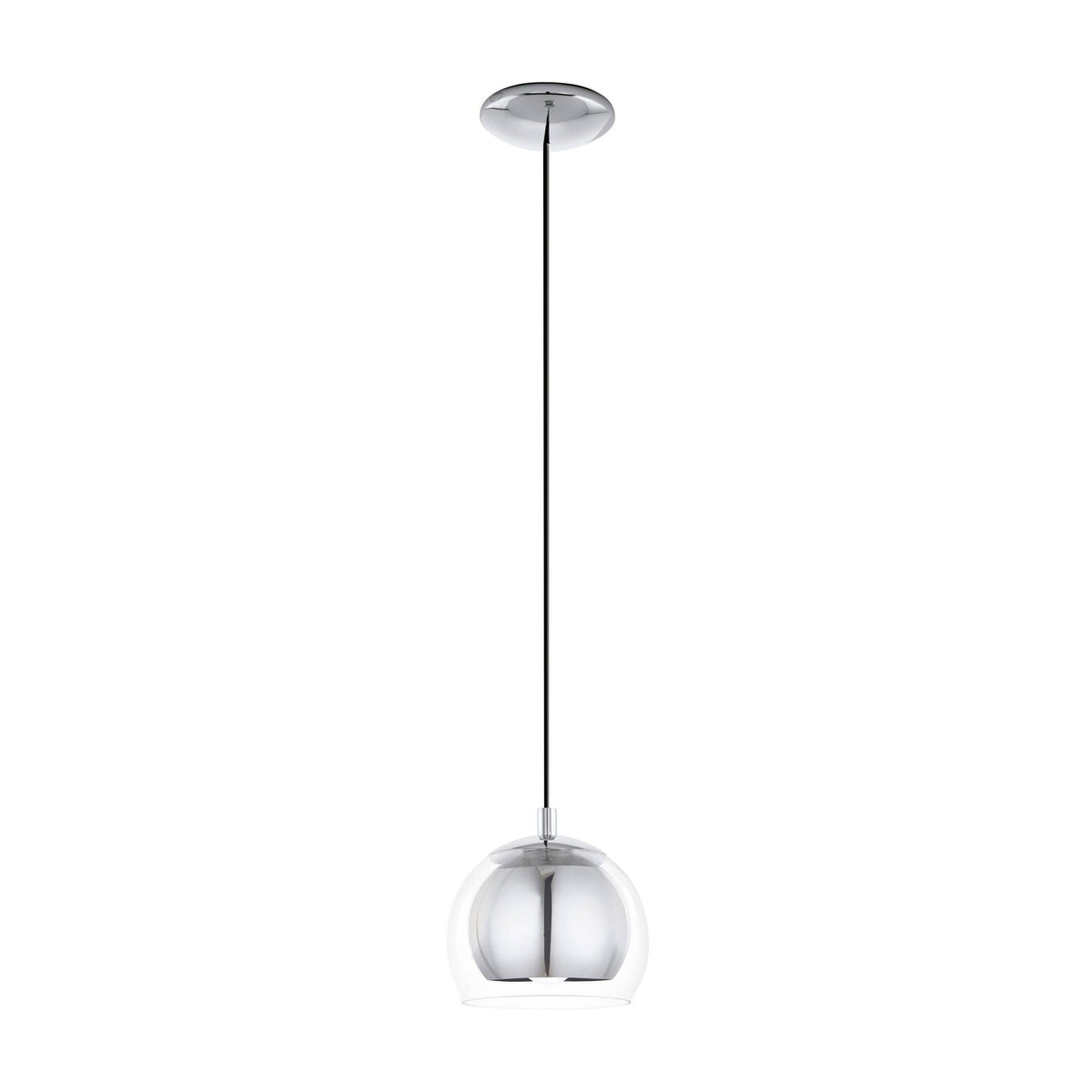Suspension boule de verre transparent et chrome, vue de face sur fond blanc