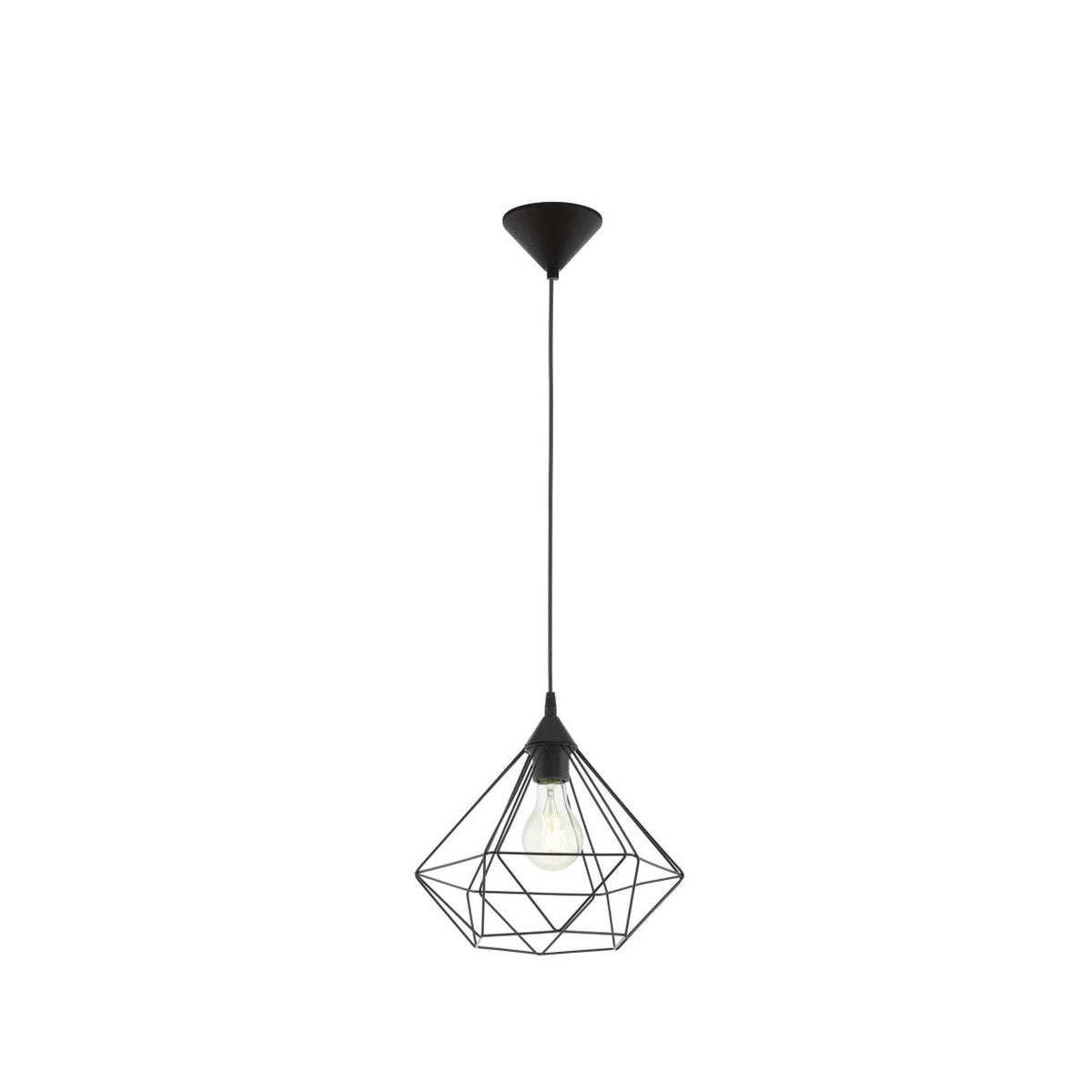 Suspension noire entière sur fond blanc, cage filaire géométrique et ampoule apparente