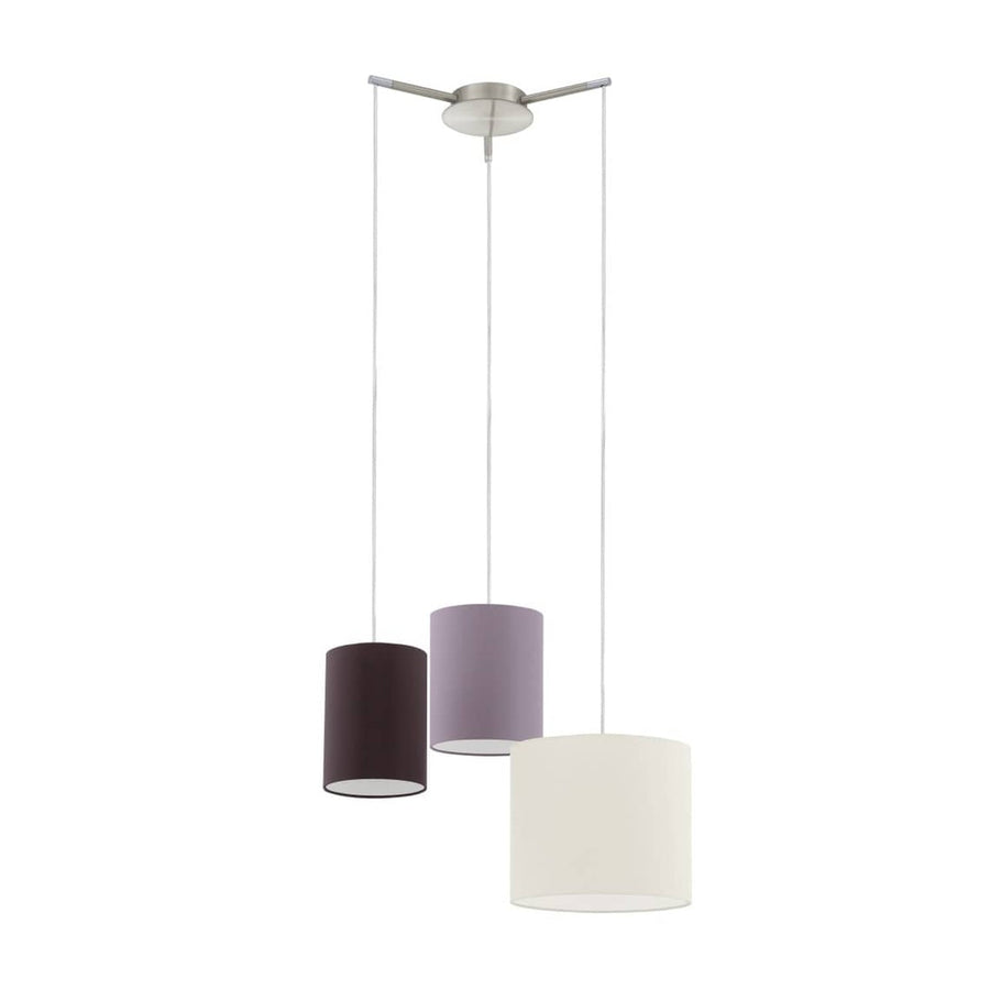 Suspension trois abat-jours cylindriques en tissu, coloris marron, mauve et crème, fond blanc.