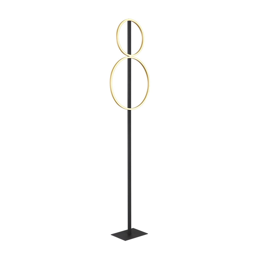 Lampadaire noir mat sur socle carré, deux anneaux dorés superposés vus de face