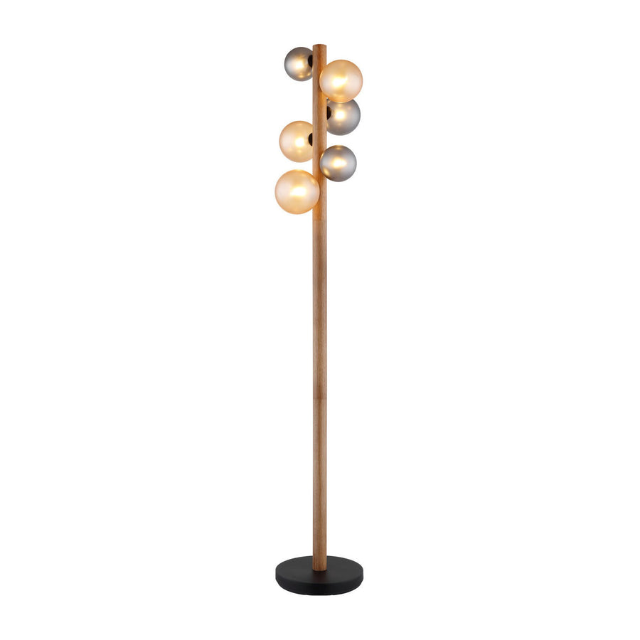 Lampadaire en bois clair à six globes de verre, vue de face sur fond blanc