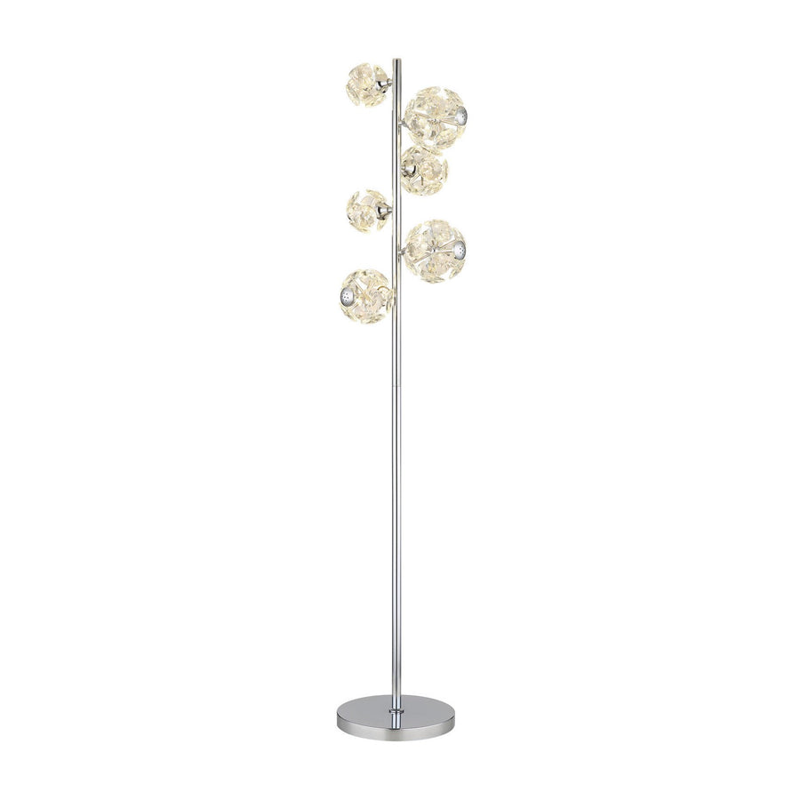 Lampadaire chromé de face sur fond blanc, six globes en verre facetté