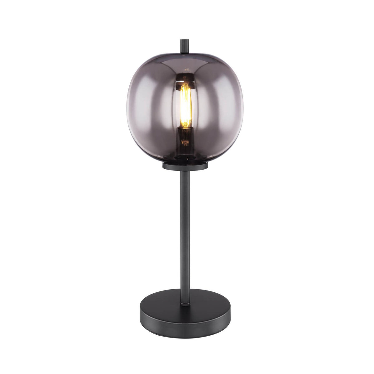 Lampe à poser noire avec abat-jour sphérique en verre fumé et ampoule visible.