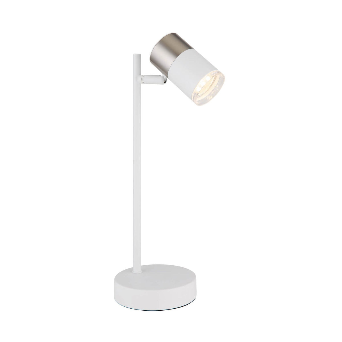 Lampe à poser blanche mat, vue de face, tête cylindrique orientable et socle rond.