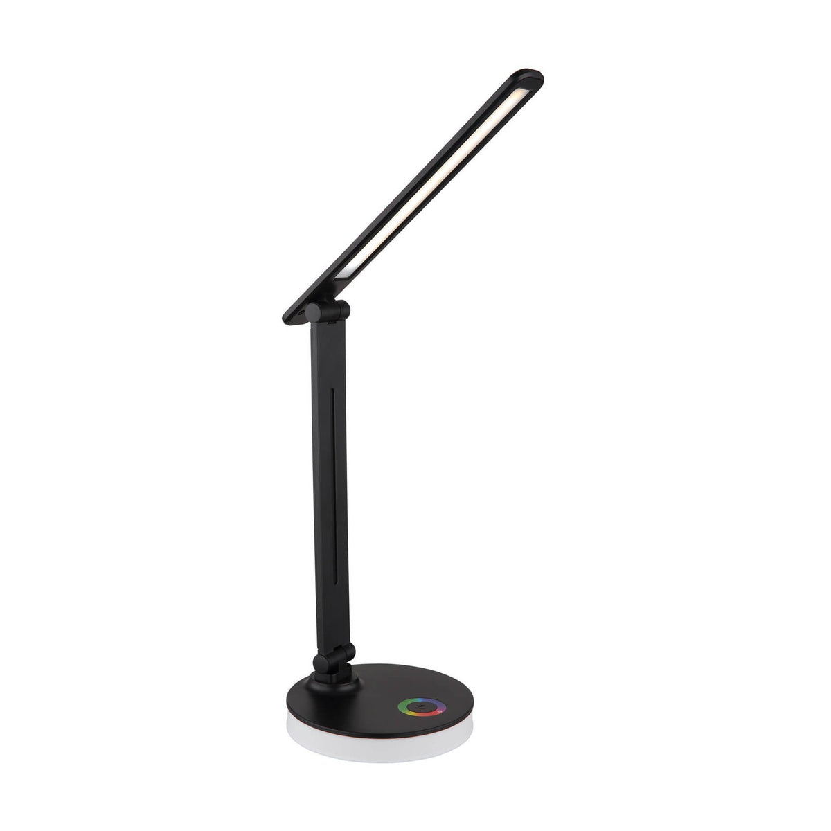 Lampe de bureau noire mate vue de trois quarts, bras articulé et tête LED inclinée