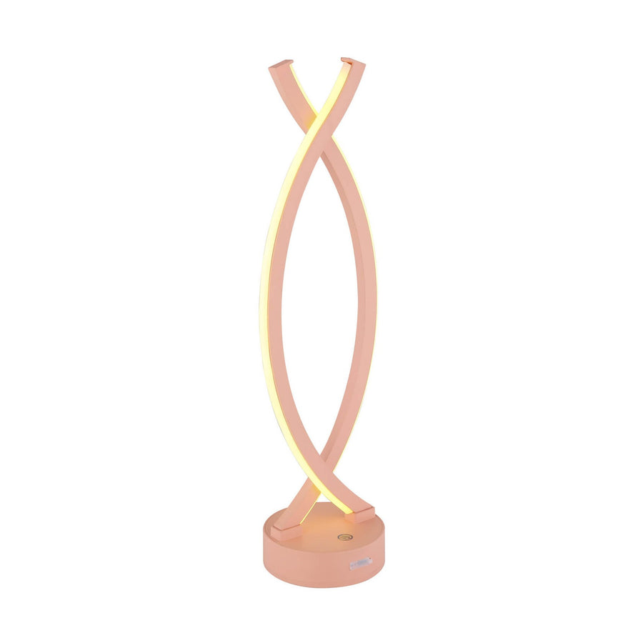 Lampe à poser rose pâle à deux arches croisées, vue de face sur fond blanc