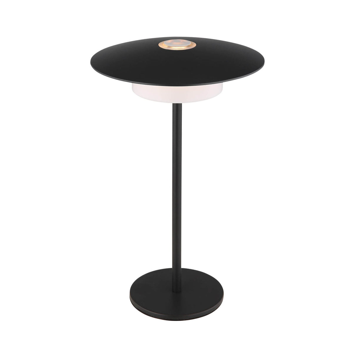 Lampe à poser noire vue de face sur fond blanc, abat-jour plat en disque
