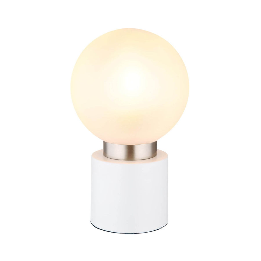 Lampe à poser de face, socle cylindrique blanc et globe en verre opalin