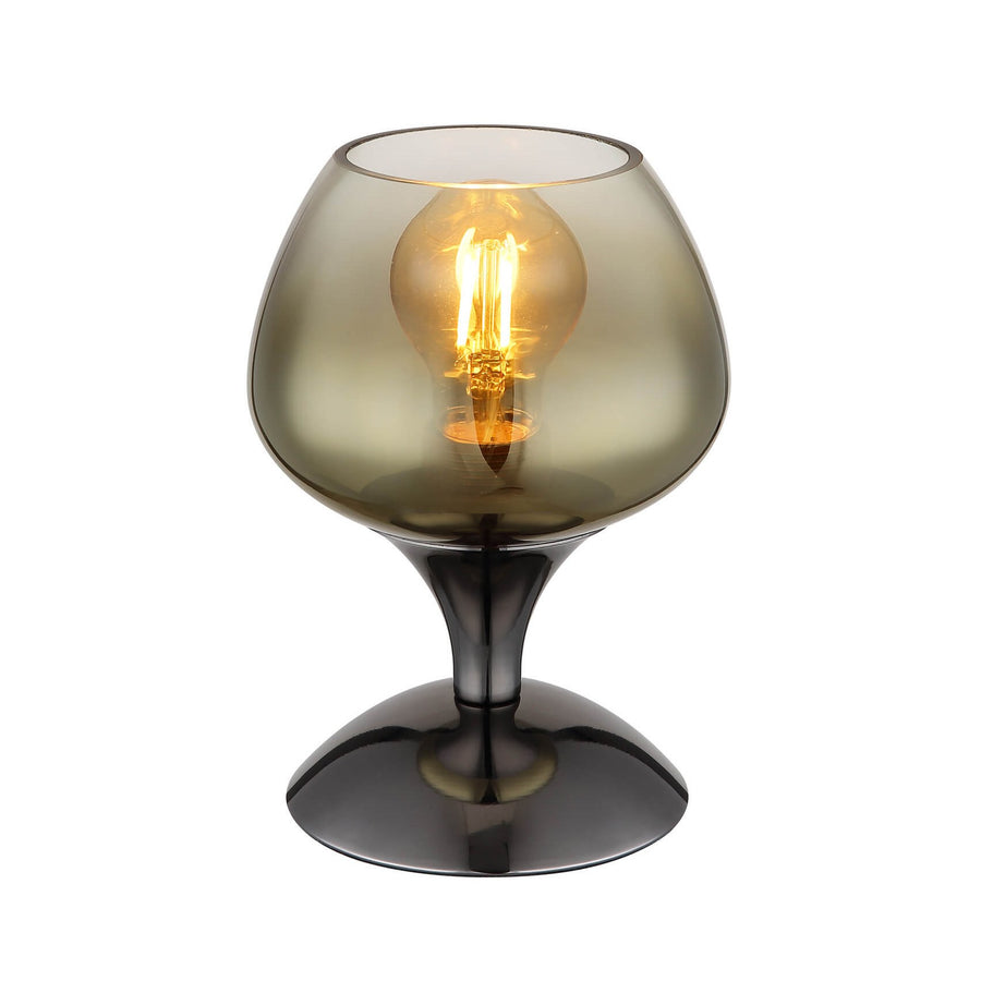 Vue de face du luminaire avec son abat-jour en verre fumé et ampoule allumée