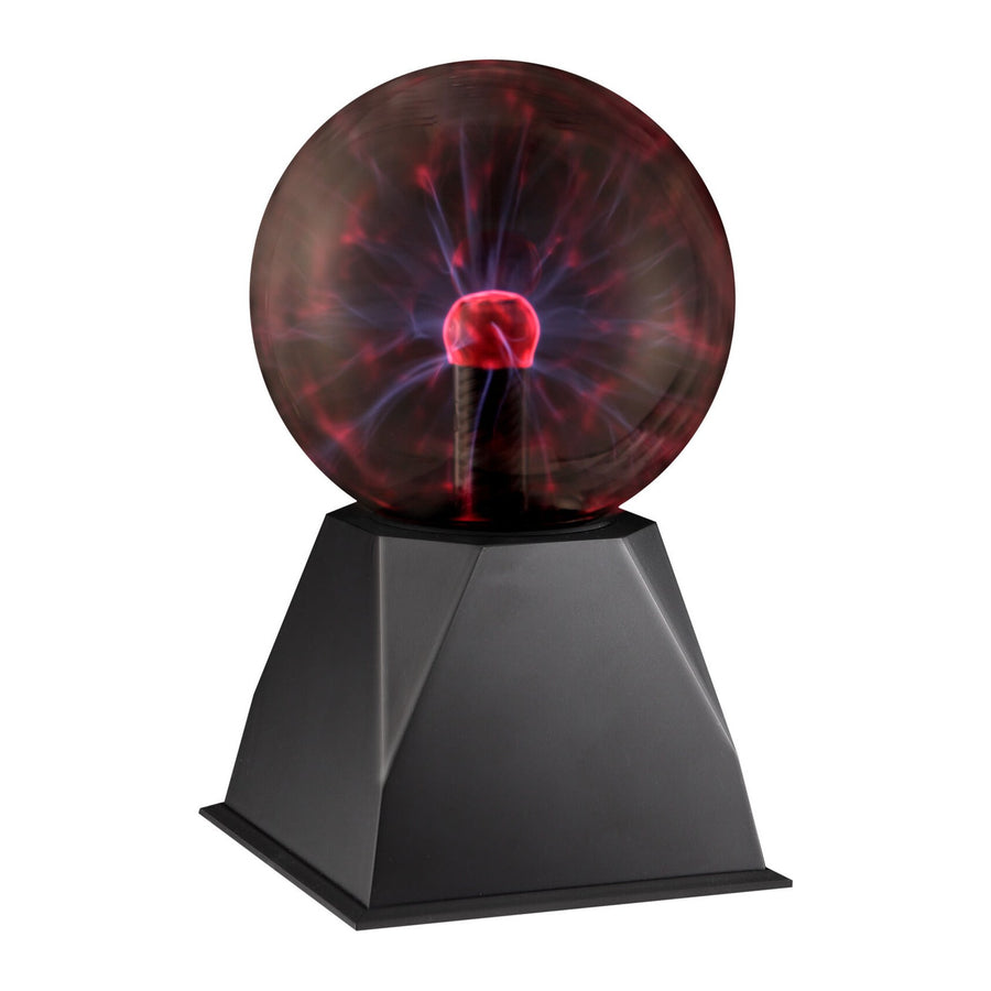 Lampe plasma noire de face sur fond blanc, boule illuminée d’éclairs rouges