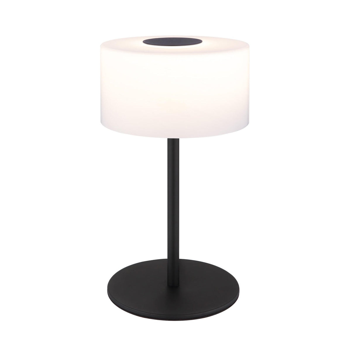 Lampe à poser noire mate, abat-jour cylindrique blanc et base ronde, vue de face