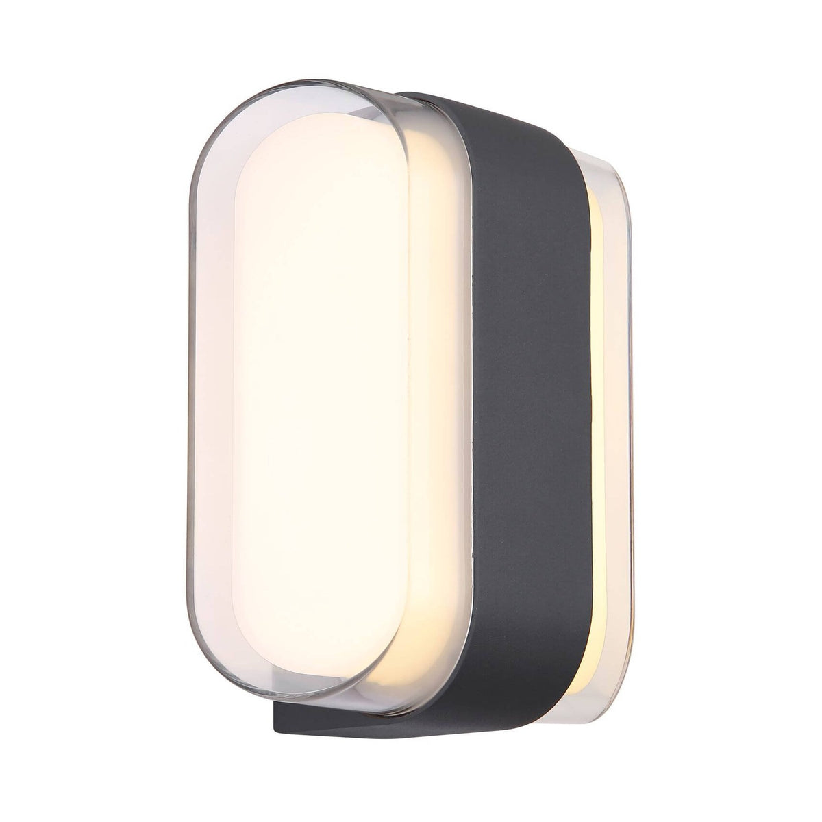 Vue de face inclinée du luminaire mural anthracite avec diffuseur blanc allumé.