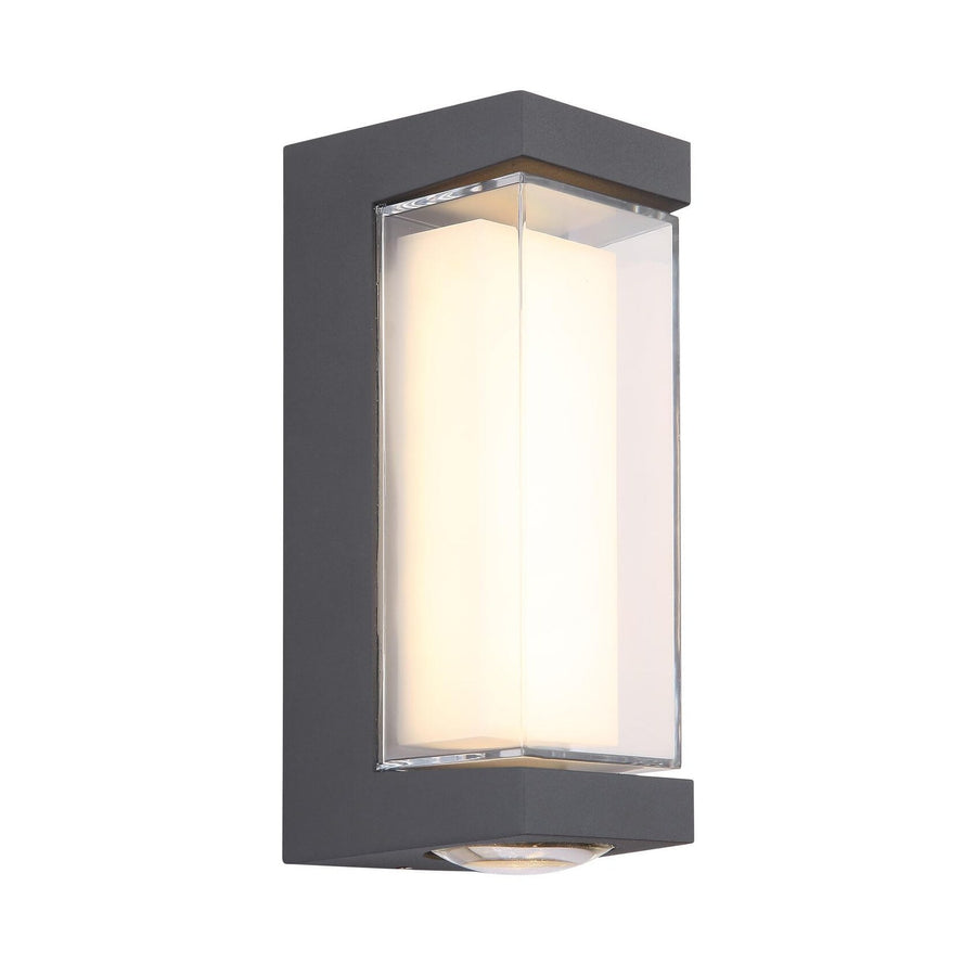 Luminaire mural extérieur anthracite, face avant avec verre transparent et diffuseur blanc allumé