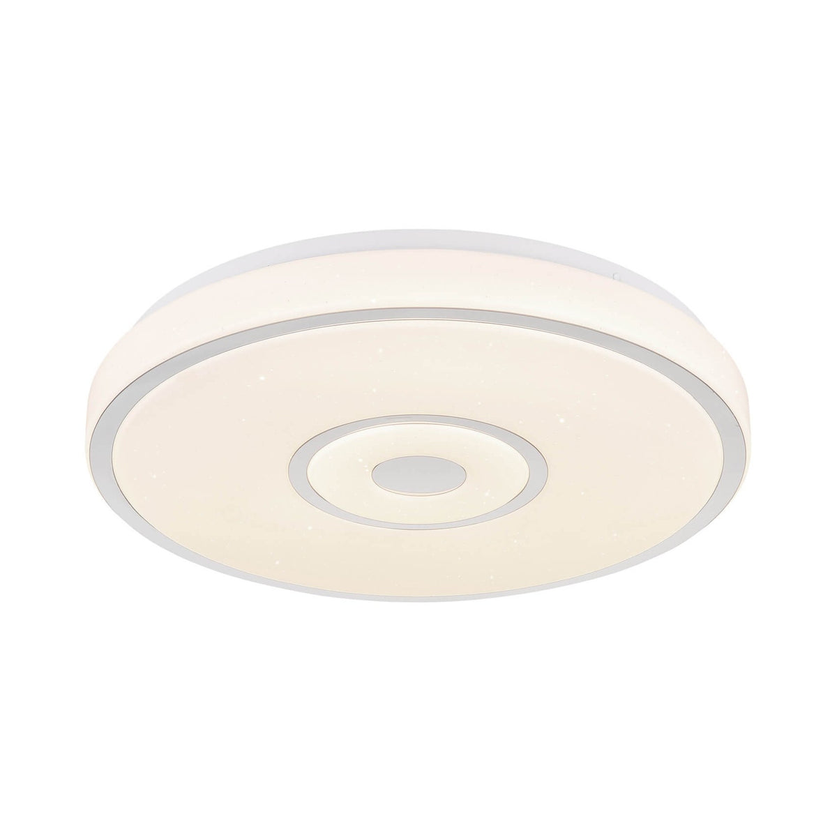Plafonnier rond blanc allumé, vu de face sur fond blanc, anneaux concentriques.