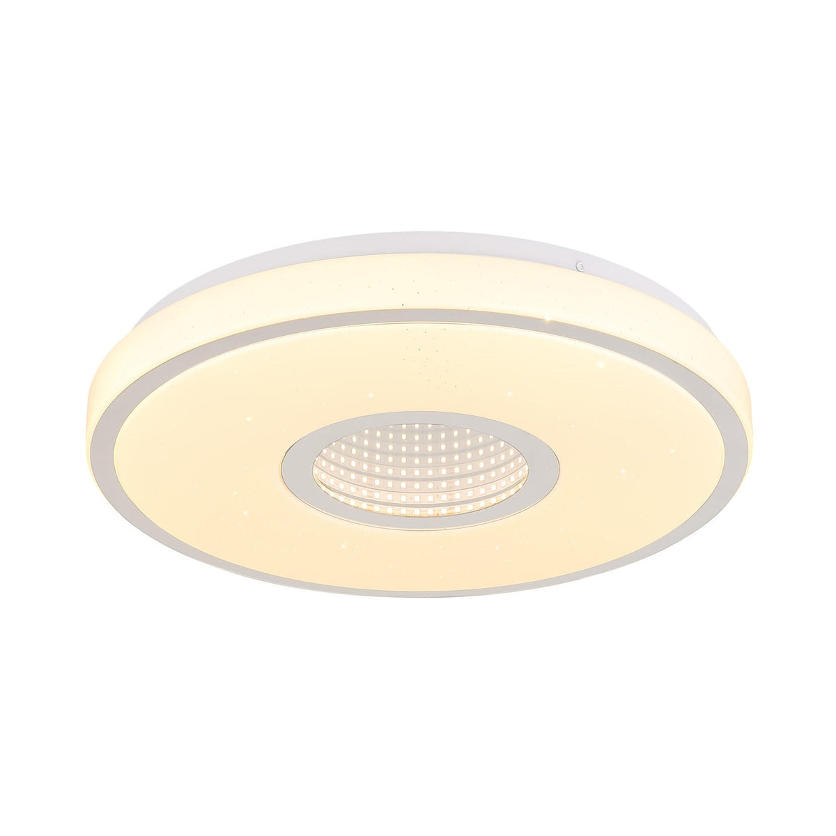 Vue de face du plafonnier rond blanc allumé, module LED central bien visible
