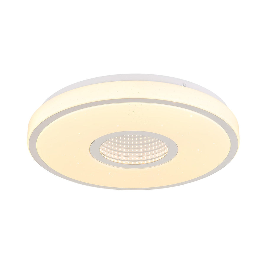 Vue de face du plafonnier rond blanc allumé, module LED central bien visible
