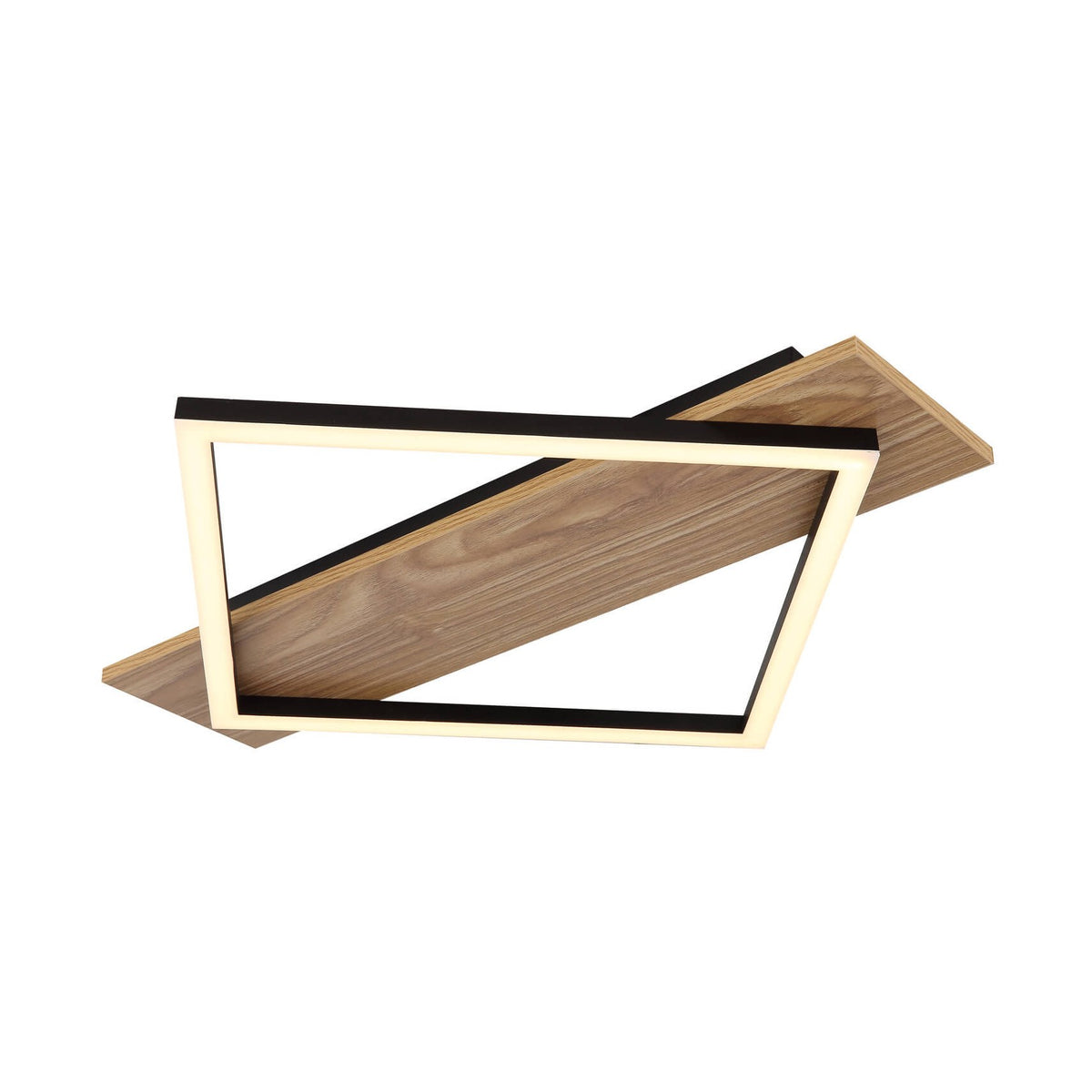 Vue de trois quarts d'un plafonnier carré noir mat avec panneau en bois clair, LED allumée.