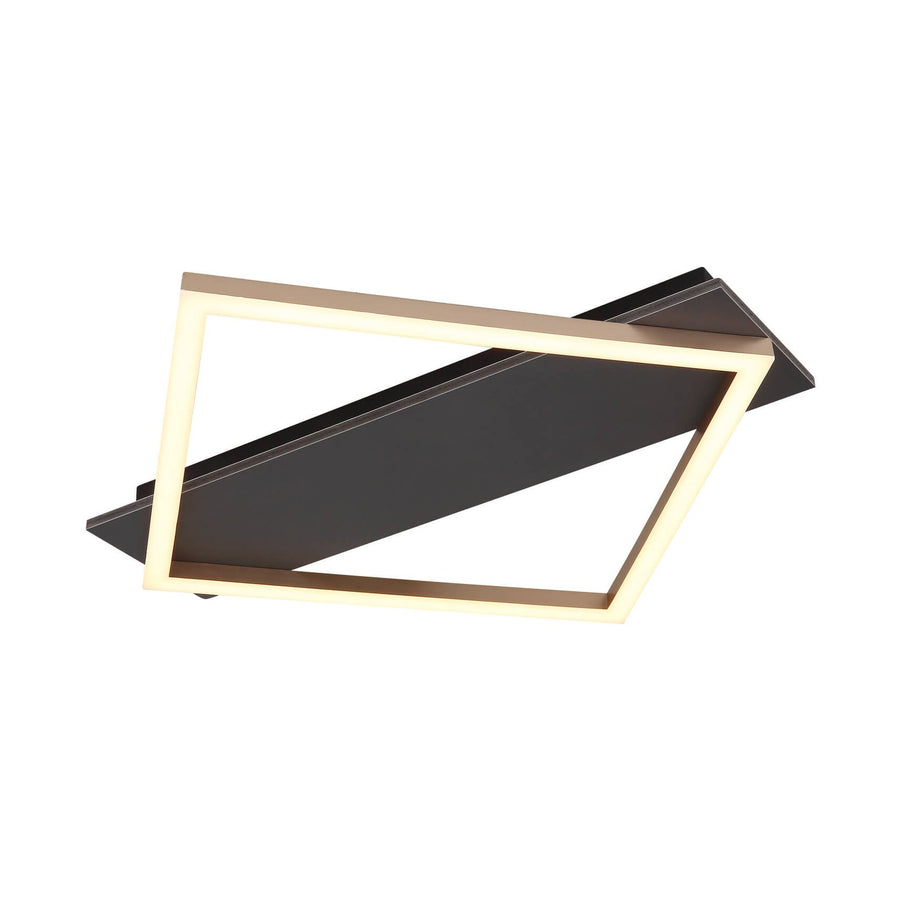 Plafonnier carré en métal noir mat avec cadre lumineux LED, vue de trois quarts.