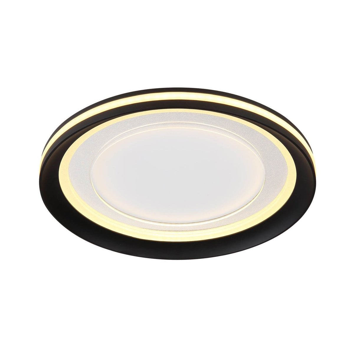 Plafonnier rond noir et blanc vu de face, anneau LED allumé, fond neutre