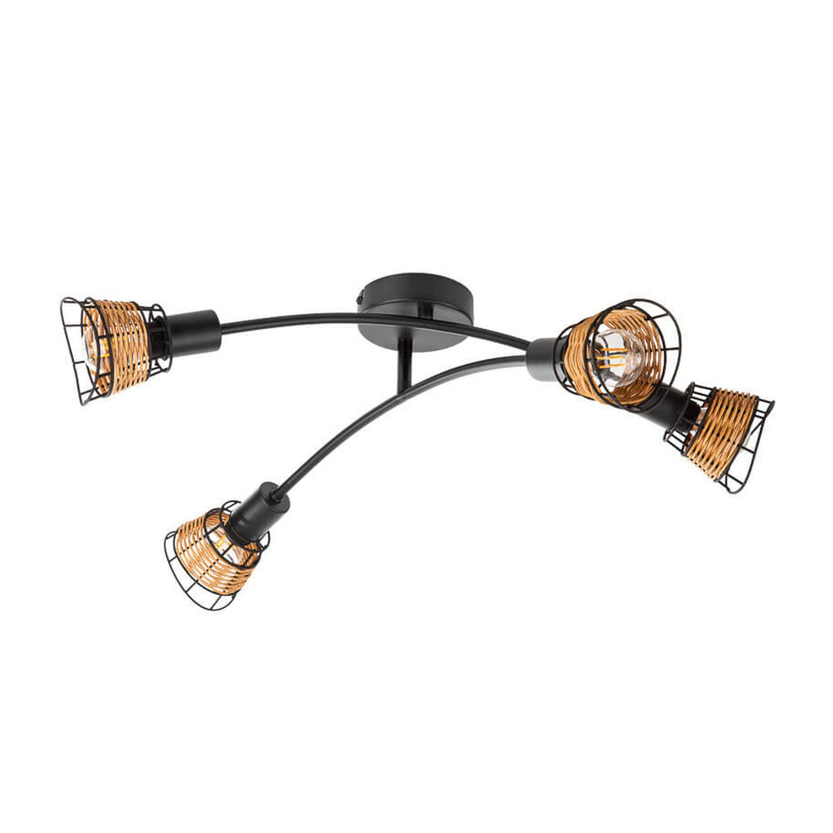 Plafonnier quatre bras noirs avec abat-jours en rotin tressé, vue de face sur fond blanc