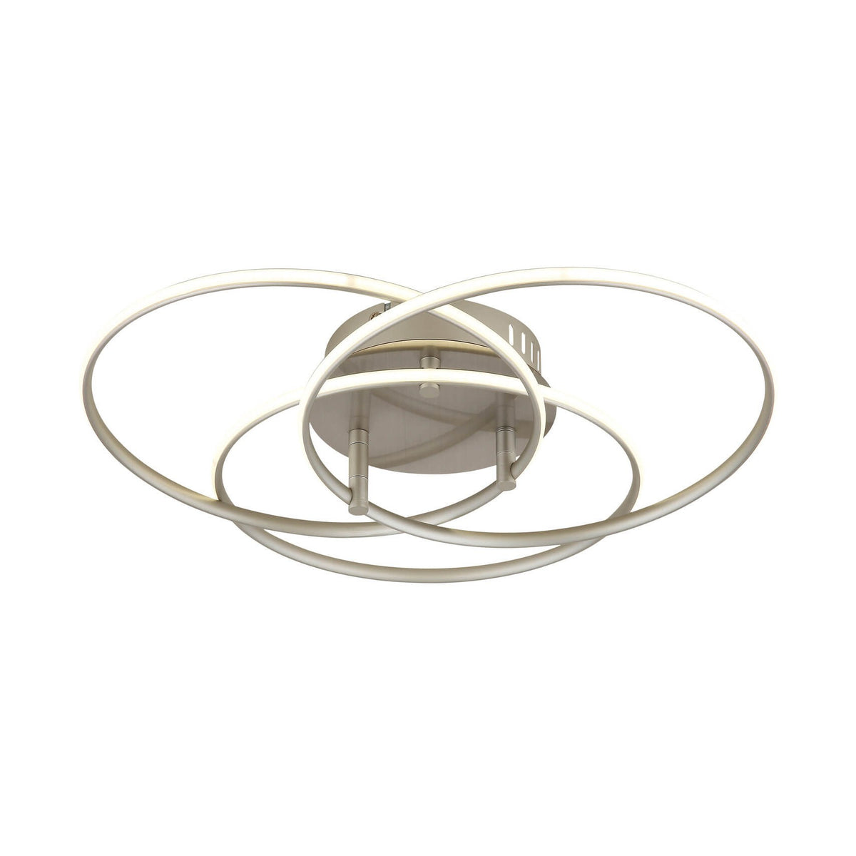 Plafonnier vu de face sur fond blanc, cercles métalliques entrelacés et diffuseur LED