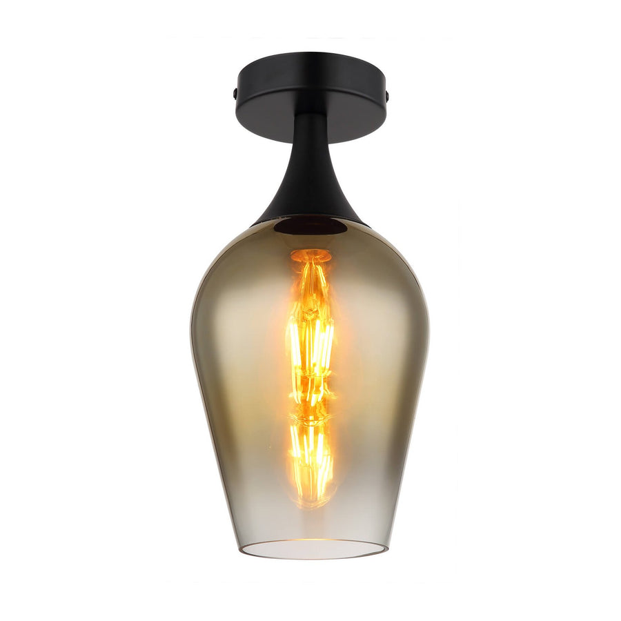 Plafonnier de face, verre ambré en forme de goutte et ampoule Edison allumée