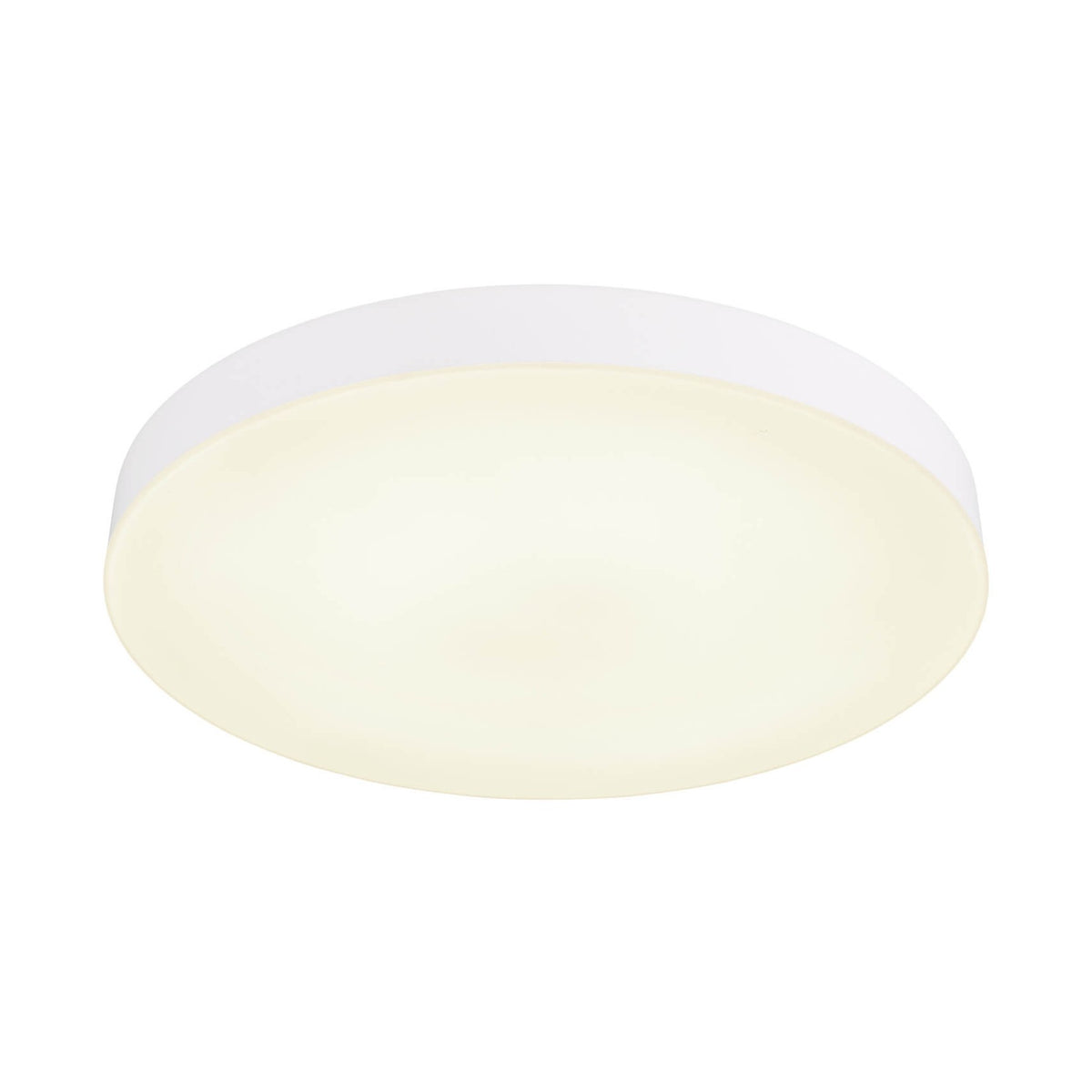 Plafonnier rond blanc mat photographié de trois-quarts, diffuseur allumé en lumière chaude