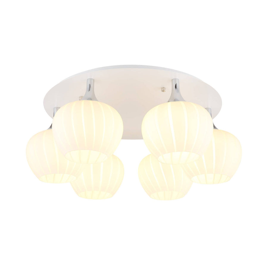 Plafonnier blanc mat à six globes en verre strié, vue de face sur fond blanc