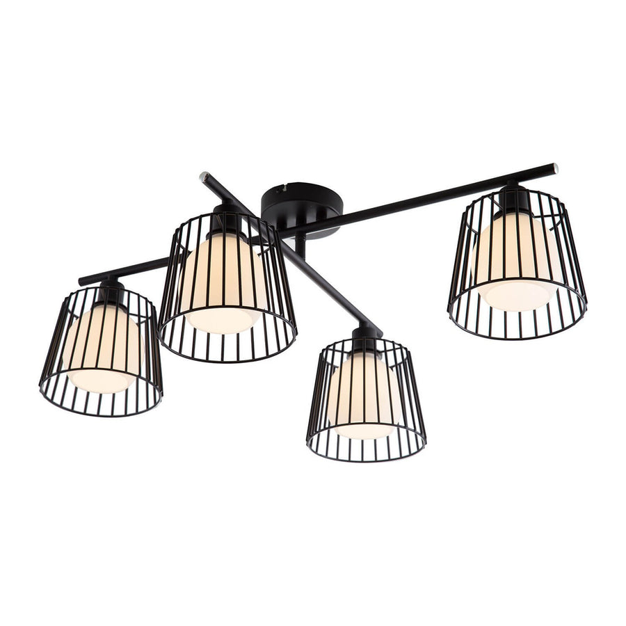 Plafonnier à quatre lumières noires avec cages métalliques coniques, vu de face sur fond blanc