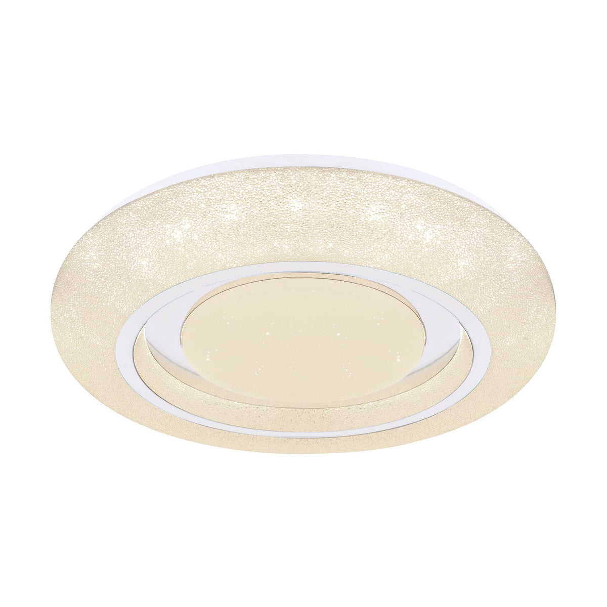Plafonnier rond blanc vu de face, éclairage allumé en lumière chaude