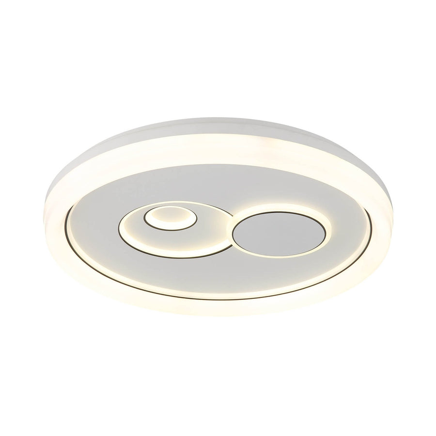 Plafonnier rond blanc mat allumé, vue de face sur fond blanc, cercles lumineux