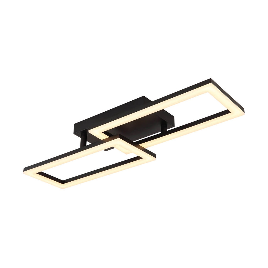 Plafonnier LED noir mat vu de face, deux cadres rectangulaires lumineux superposés