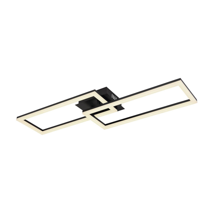 Plafonnier noir mat à deux cadres rectangulaires superposés, photo produit sur fond blanc.