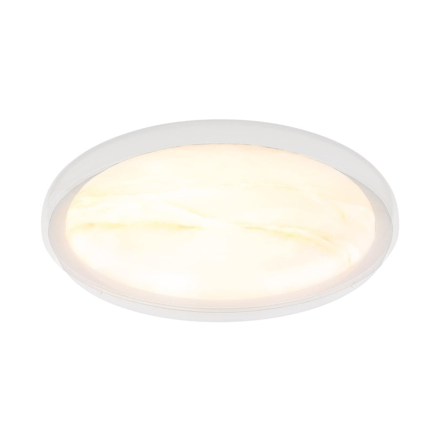 Plafonnier rond blanc allumé, vu de face sur fond neutre, diffuseur lumineux