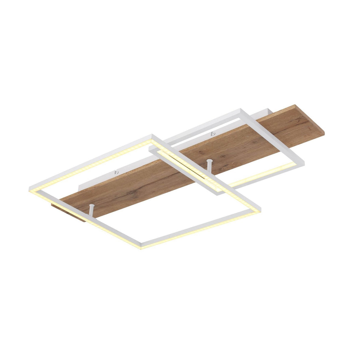 Plafonnier blanc à cadres rectangulaires et panneau bois vu de trois quarts sur fond blanc