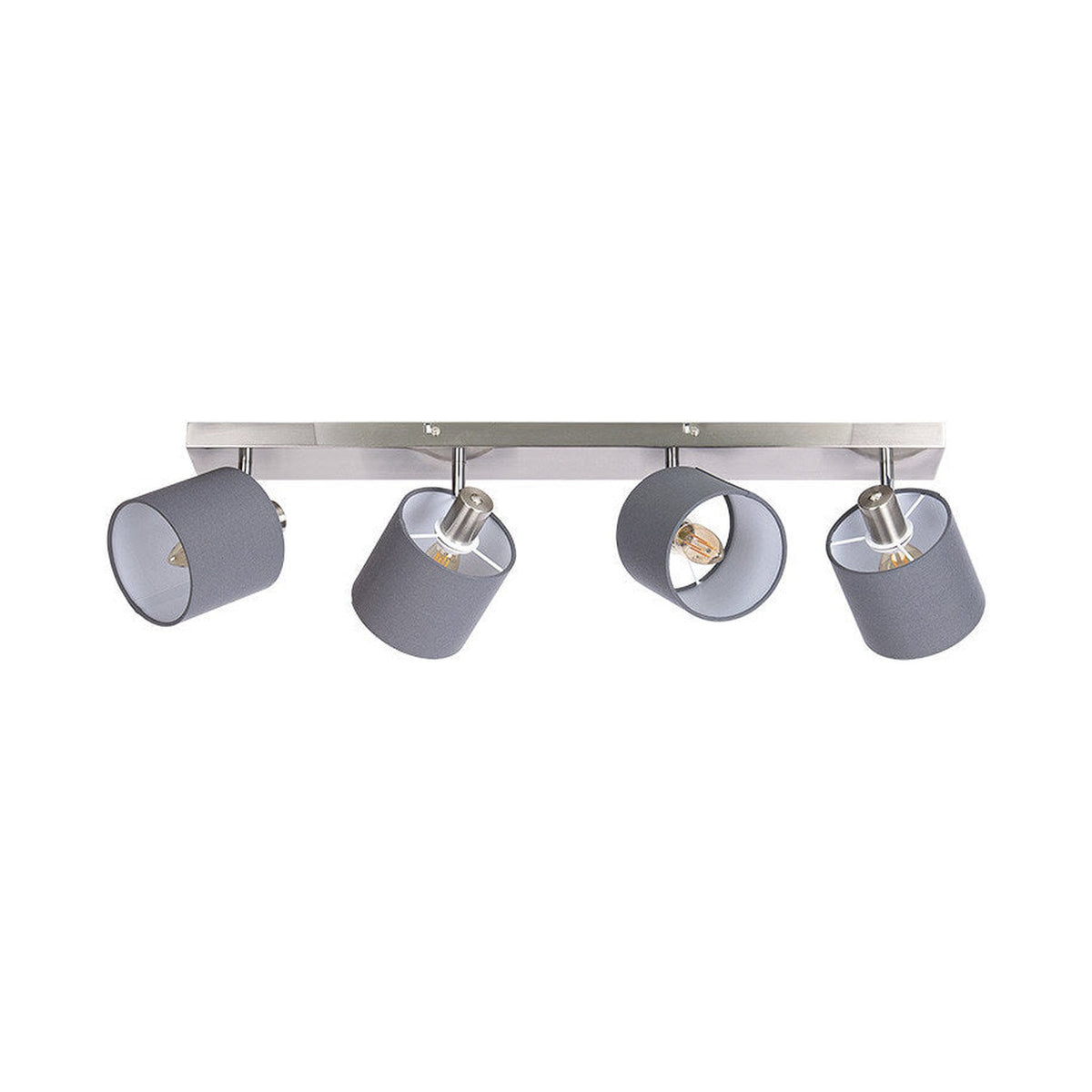 Vue de face d'un plafonnier à quatre spots cylindriques gris et nickel satiné.